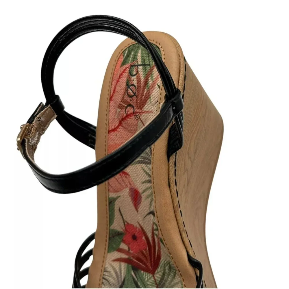 BOC Catalina Women's Platform Wedge Sandal Size 7 Black/Tan Glossy Straps‎ Twist